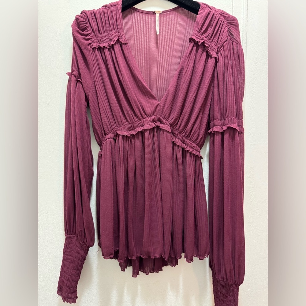 Revolve Free People Day Dreaming Ruffled Balloon Sleeve Top small burgundy - Picture 3 of 5